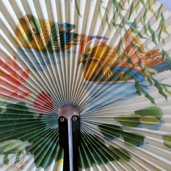 FAN ASIAN PAPER FOLDING FAN, BIRD PAINTING, METAL CLOSURE, CHINA or JAPAN - Picture 2 of 5